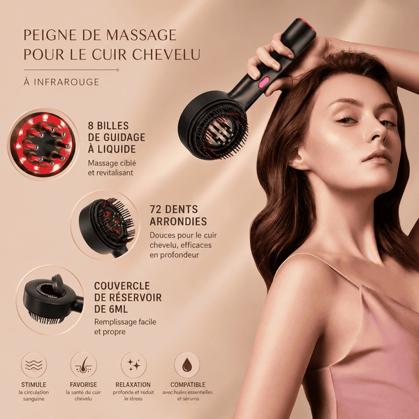 LumiScalp™ - Peigne masseur 3-en-1 · Lumière rouge 630nm · Applicateur d'huile intégré